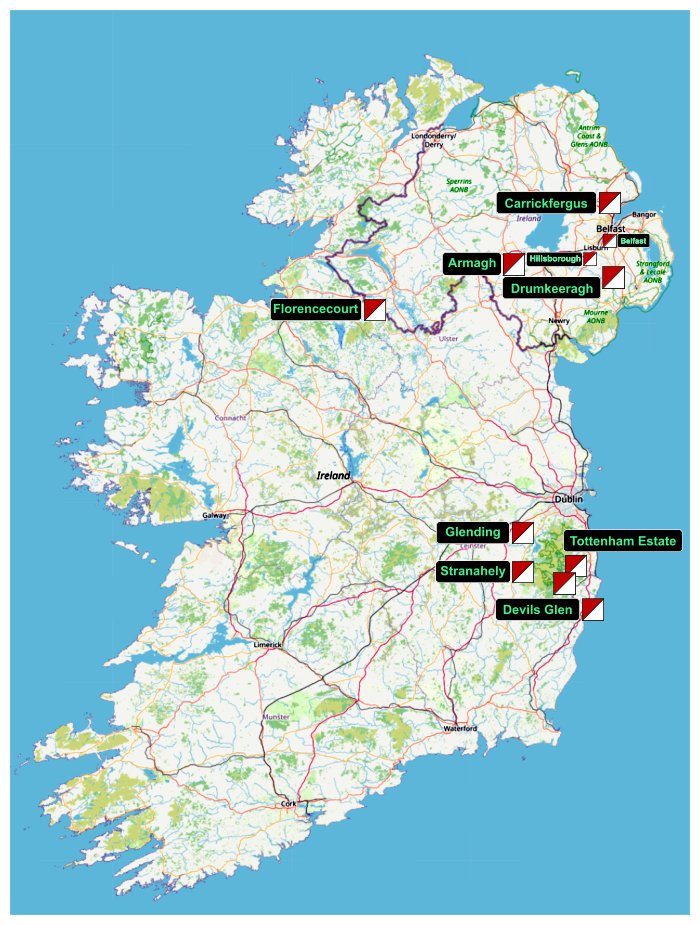 Ireland map with all events